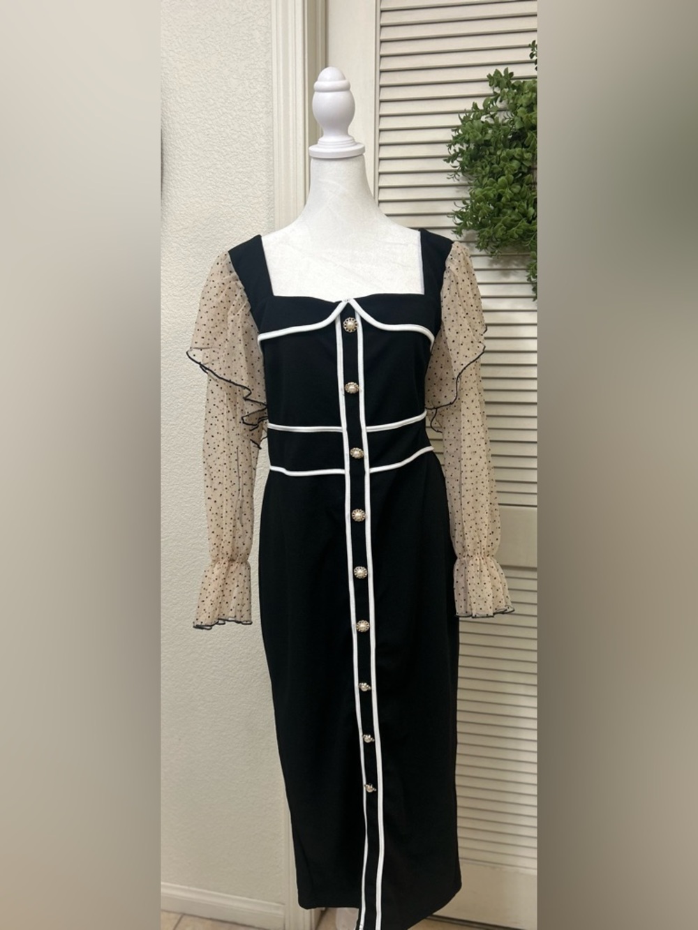✨ Chic Black & Sheer Polka Dot Sleeve Dress ✨